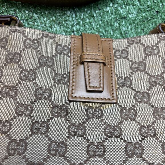 Gucci GG Monogram Shoulder Bag Vintage Brown Gold Canvas Leather Authentic - Picture 6 of 13